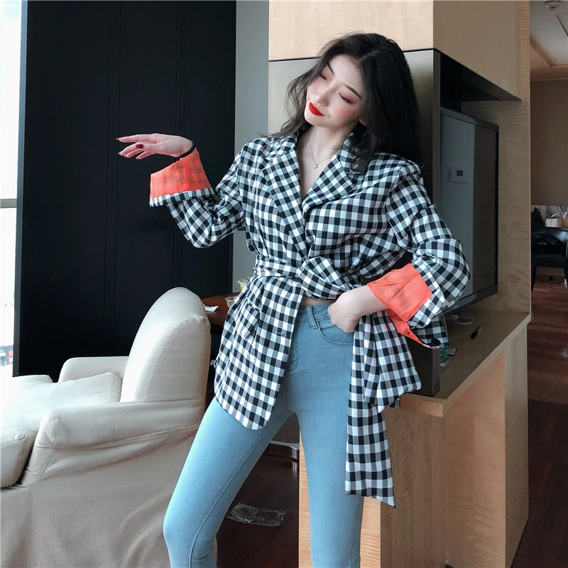 Streetwear Plaid Blazers Women Chic Notched Long Sleeve Jacket with belt Spring Autumn office lady blazers bleiser feminino