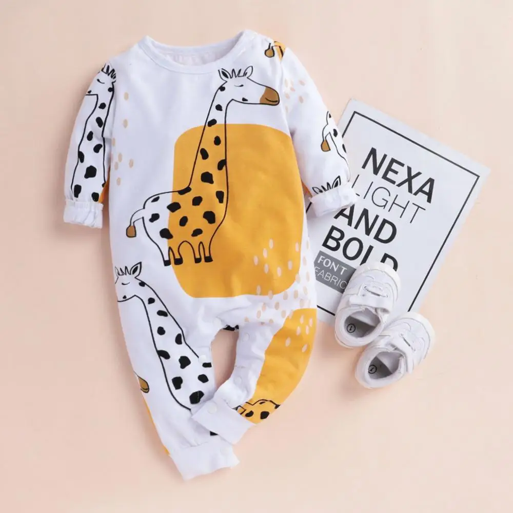 Cena PatPat Baby Boy Girl nadruk z żyrafą kombinezon z długim rękawem dół Snap wiosna jesień zima wokół szyi z długim rękawem bawełna