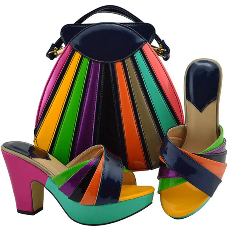 Итальянская Дамская обувь и подходящая Сумочка в комплекте; на очень высоком каблуке(8cm-up) квадратном каблуке Босоножки на каблуке Для женщин женские туфли-лодочки в африканском стиле; Женская обувь в комплекте с набором подходящих сумок - Color: Navy Blue