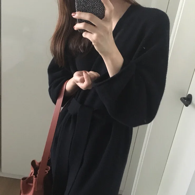 Woherb винтажный черный свитер женский однотонный длинный рукав Сплит длинный кардиган со шнуровкой открытая стежка корейская мода новинка 90987