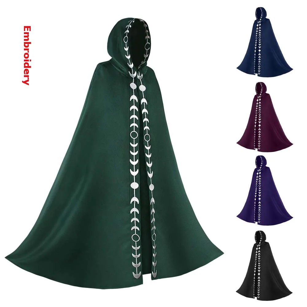 Capa De Mago Gótica Con Capucha Y Bordado De Flores – Largo 147 Cm, Cierre De Cordón, Unisex Para Halloween, Cosplay Y Fiestas Renacentistas, Talla L-XL