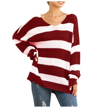 

V Neck Striped Sweater Long Sleeve Knitted Sweater Women Pullovers Oversized Sweater and Pullovers pull femme nouveaute 2019