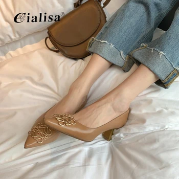 

CIALISA New Shoes Summer Autumn Versatile Pointed Toe Heel Genuine Leather Apricot Shallow High Heels Pumps