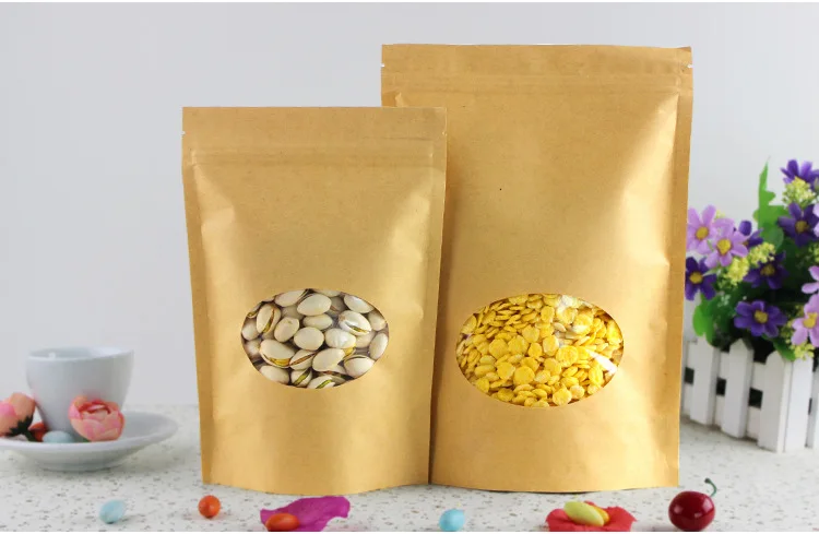 

13*20+4cm 100pcs Stand Up Clear Window Brown kraft paper bags with Zipper lock for Food/Tea/Nut/Coffee Resealable Packaging Bag