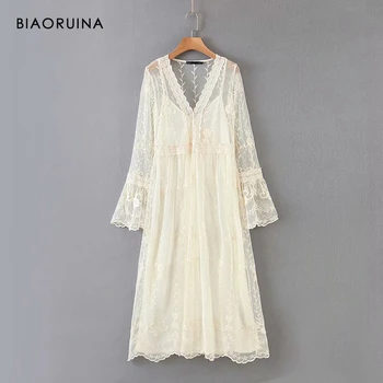 

BIAORUINA 2020 Spring New Arrival Women's Beige V-neck Transparent Mesh Embroidered Sweet Dress with Lining Long Sleeve
