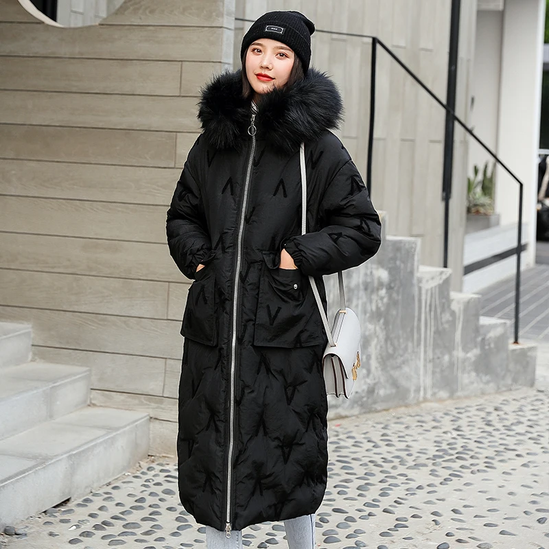 Пальто с меховым воротником женские зимние куртки пуховое хлопковое пальто с капюшоном Большие размеры парки Необычные куртки длинное пальто Модные женские - Цвет: Черный