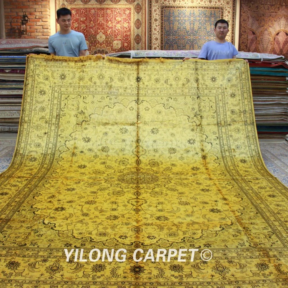 Yilong 9'x12' античный классический ковер Большой бежевый медальон античный кашмирский шелковый ковер(0919