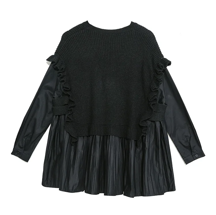 Oversize batwing sleeve loose pullover shirt for women spring autumn vintage ruffle pathcwork pleated top femenino