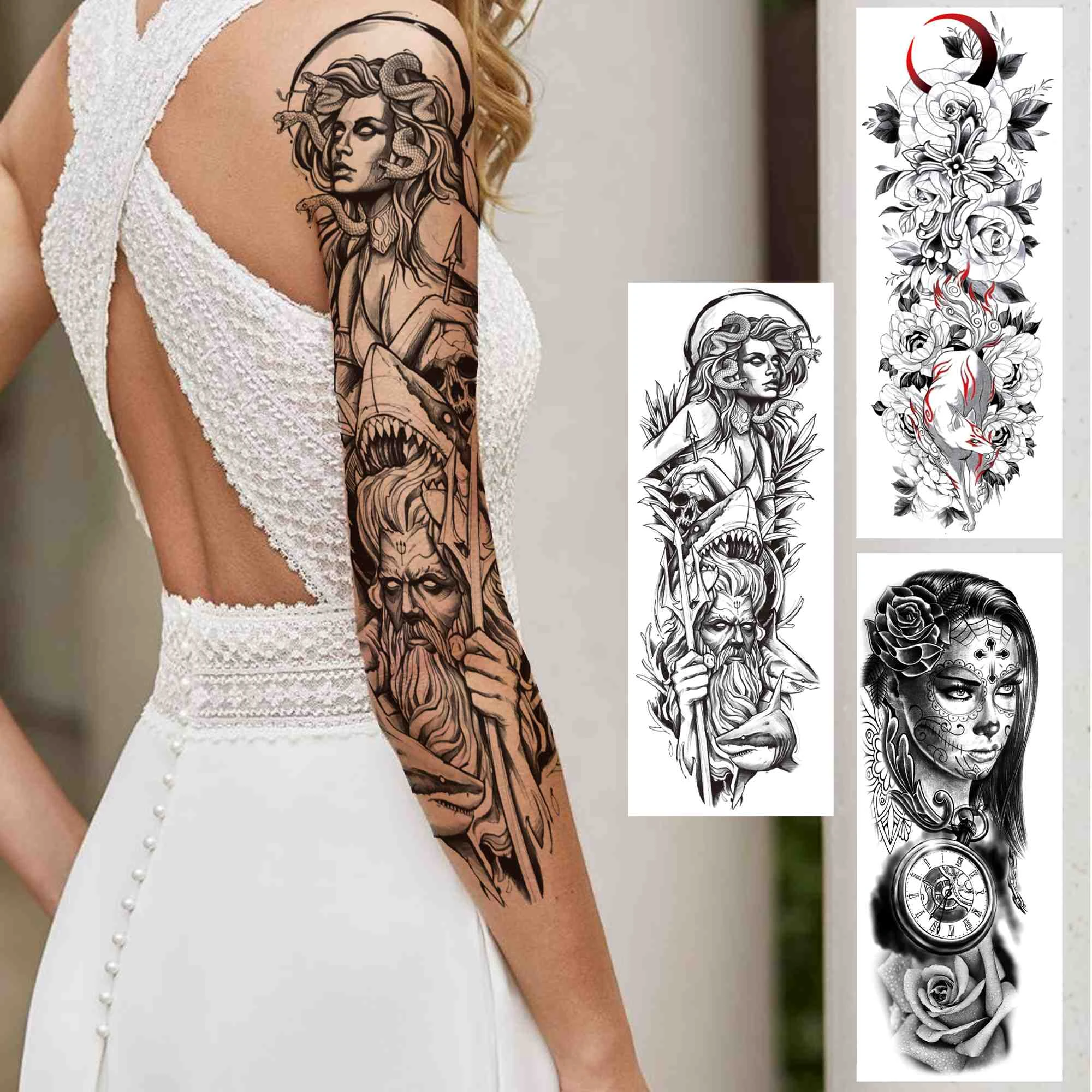 Snake Evil Witch Girl Temporary Tattoo Sleeve For Women Men Adult Fake Warrior Compass Flower Tatoo Full Arm Tattoo Sticker Big Temporary Tattoos Aliexpress