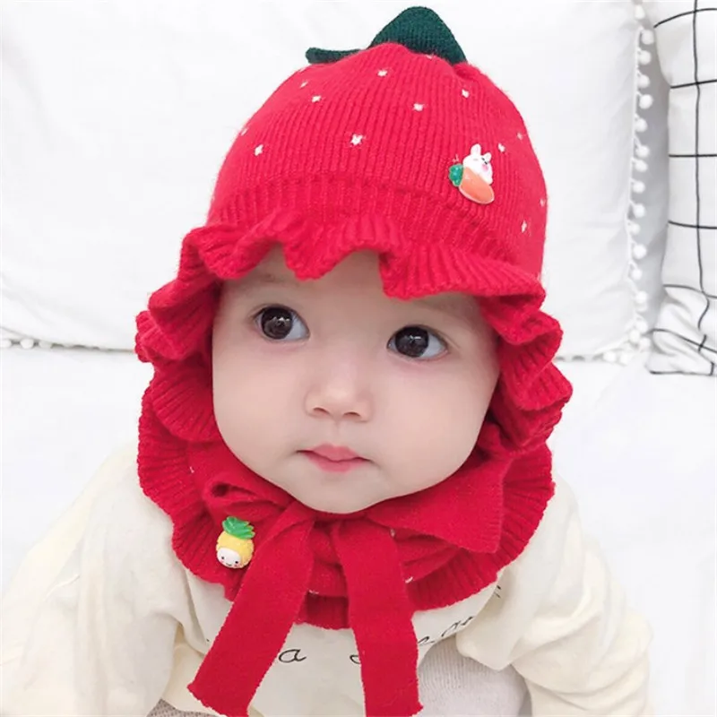 red hat scarf set Модная вязаная шапка с клубничкой, детская шапка с шарфом, осенне-зимняя теплая детская шапка, От 0 до 12 месяцев, детская шапка для девочек, детская шапка - Цвет: red hat scarf set