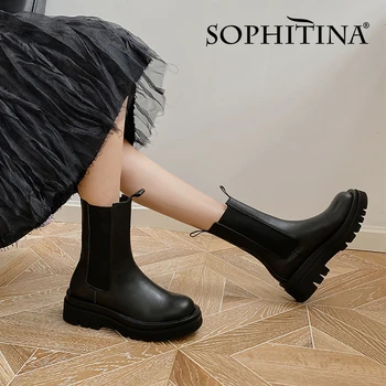 

SOPHITINA Womens Chelsea Boots Quality Leather Comfort Outdoor Low Thick Heel Winter Anti-slip Stretchy Motorcycle Booties PO703