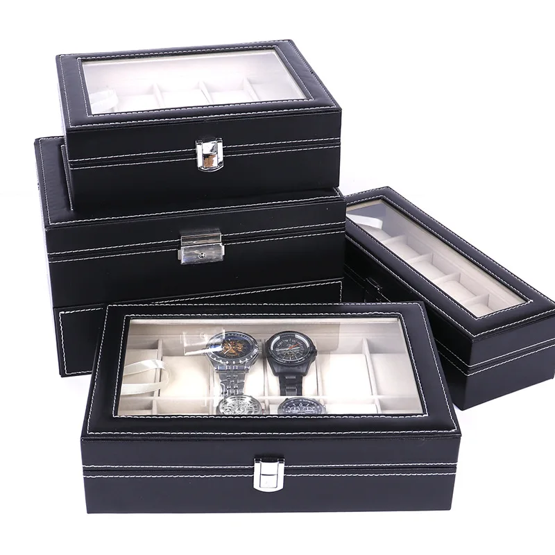 

High-end Leather Black Watch Box Household Lockable Transparent Lid Jewelry Storage Box Various Styles Storage Box