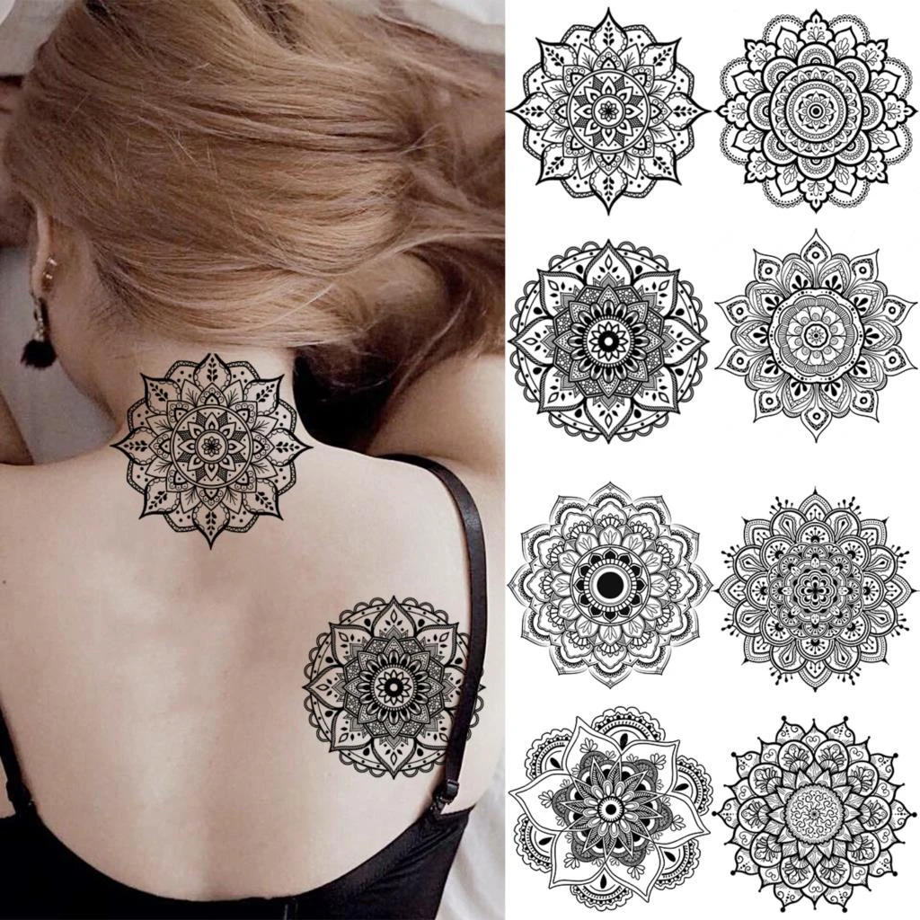 Tatouage Dos Femme Mandala Tatouages Temporaires Pour Femmes Adultes, Mandala Noir, Mode Cou Dos, Faux  Tatouage Henné Réaliste, Peinture Artistique Corporelle Étanche -  Temporaire Tatouages - AliExpress