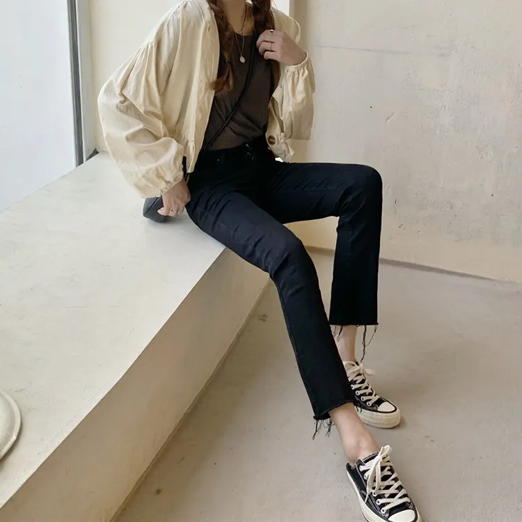 

2020 new Korean style high waist jeans women Straight stretch cigarette trousers with raw edges and thin cropped trousers women