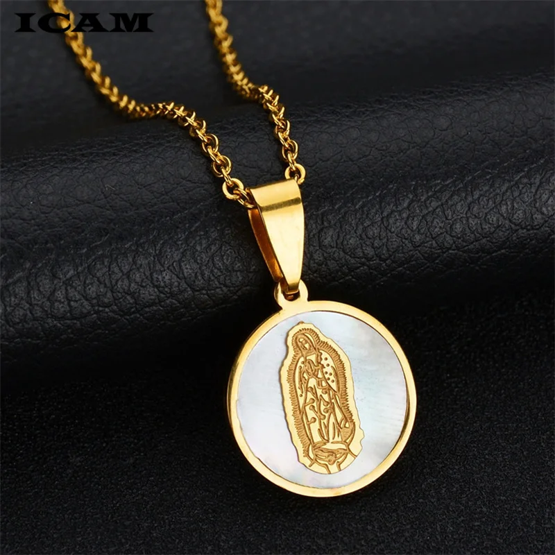 ICAM женские Virgin Guadalupe овальное колье с монетой кулон из нержавеющей стали Золотая