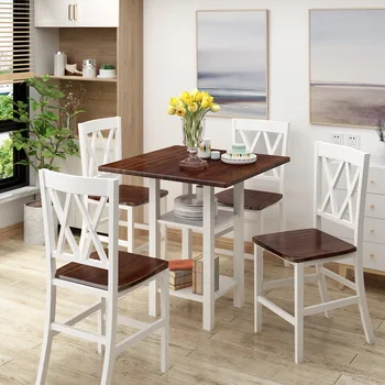 

5 Piece Dining Set With Double Shelf And Matching Chairs For Family Use, Dining Room Furniture Set
