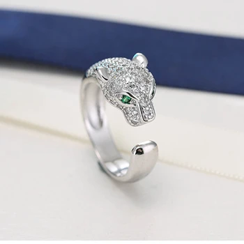 

Men 925 Sterling Silver Green Eyes Leopard Animal Finger Ring Paved Zircon Panther Open Ring Women Party Fine Wedding