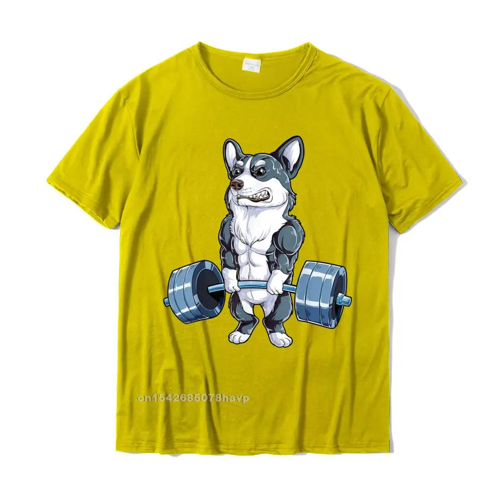 Normal Short Sleeve Tees NEW YEAR DAY O-Neck Cotton Men T-shirts Casual Normal T Shirt Cute Free Shipping Corgi Weightlifting Funny Deadlift Men Fitness Gym Workout T-Shirt__2248. yellow