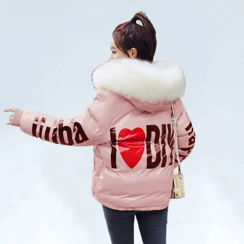 pink Глянцевое зимнее пальто, женское, новое, BF, модное, с капюшоном, с буквенным принтом, с соединением, теплое пальто, для женщин, большие размеры, короткая, зимняя куртка для женщин, 51 - Цвет: pink