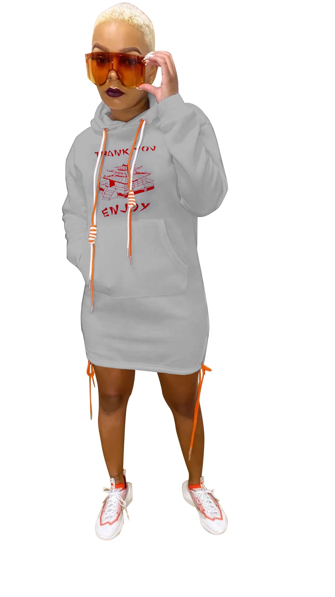 Winter  Fashion Women  Hooded Pullover Letter Printed Sweatshirts Dress With Pockets