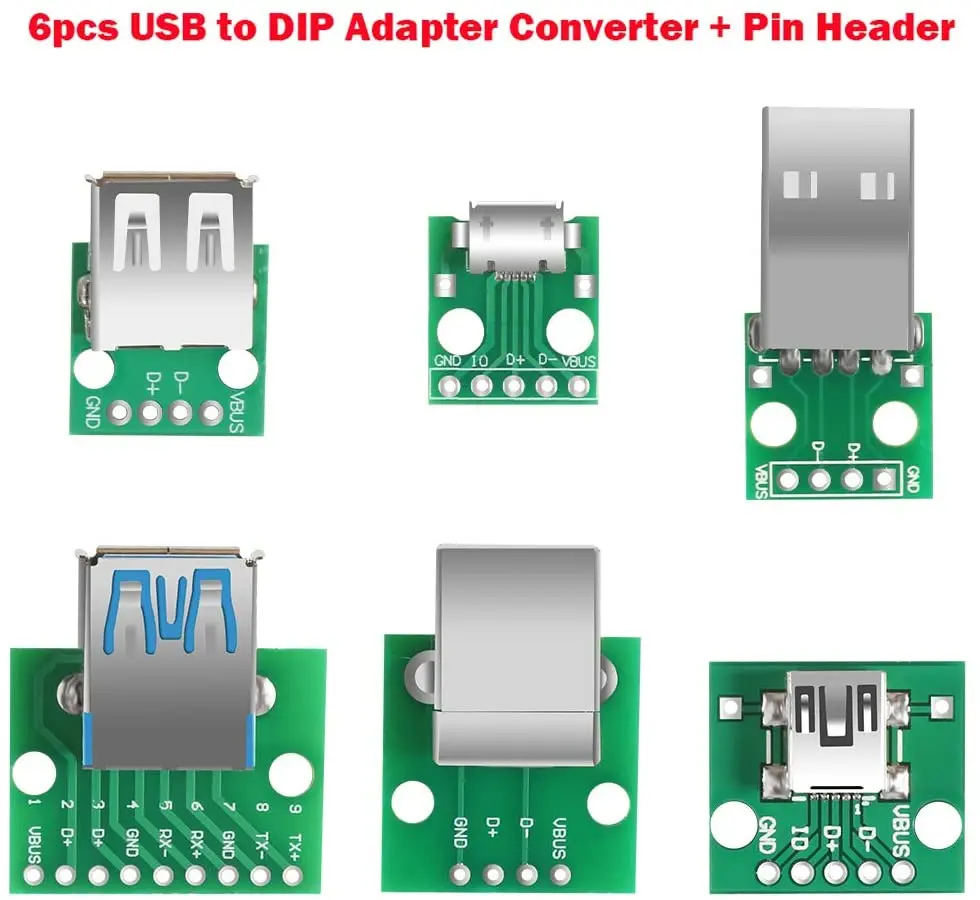 6pcs USB to DIP Adapter Converter Mini / Micro Female 2.54mm 4p Male 2.0 3.0 Type B Square Interface | Электронные компоненты и