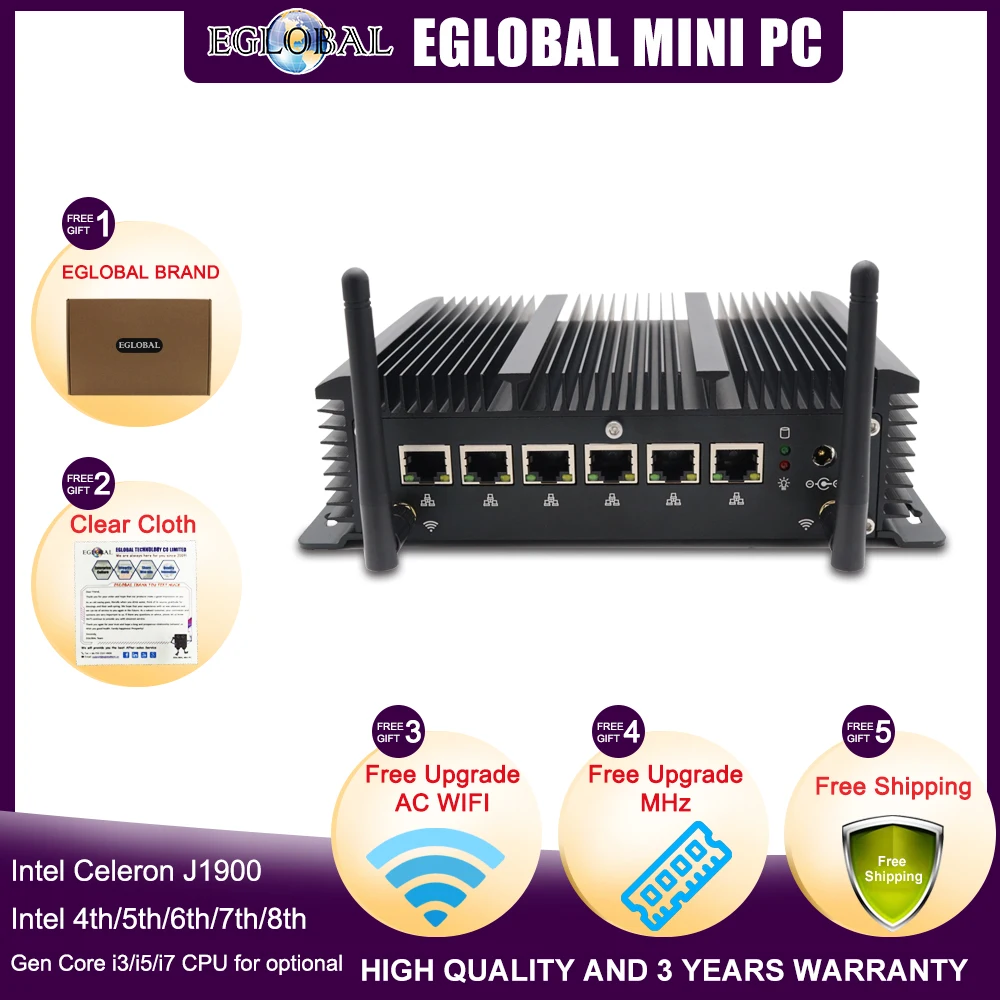 EGLOBAL промышленный безвентиляторный мини-компьютер Intel i5 8265U 6 Lans брандмауэр роутер