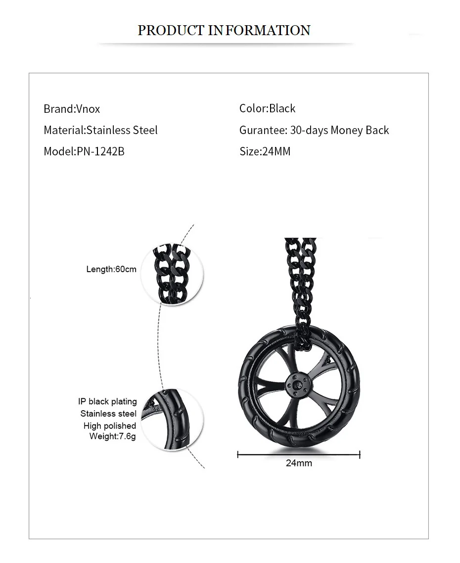 Vnox дизайн подвеска в форме шины для мужчин и женщин стильные панк нержавеющая сталь ожерелья авто автомобильный аксессуар для любителя с 2" панцирная цепь