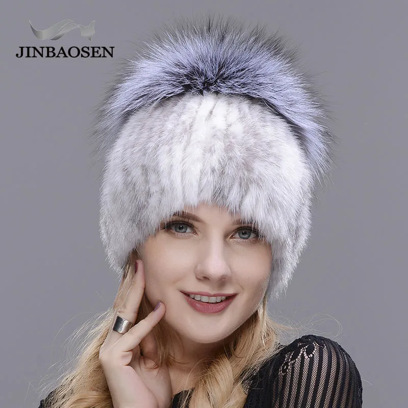 JINBAOSEN горячая Распродажа модные зимние теплые женские вязаные шапки норковые шапки с лисьим мехом вертикальный тканый Топ