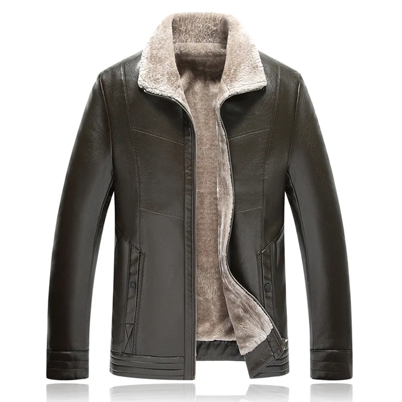 

2019 Autumn And Winter New Style Men's PU Leather Leather Coat Middle-aged Shirt Fold-down Collar Brushed And Thick Warm Leather