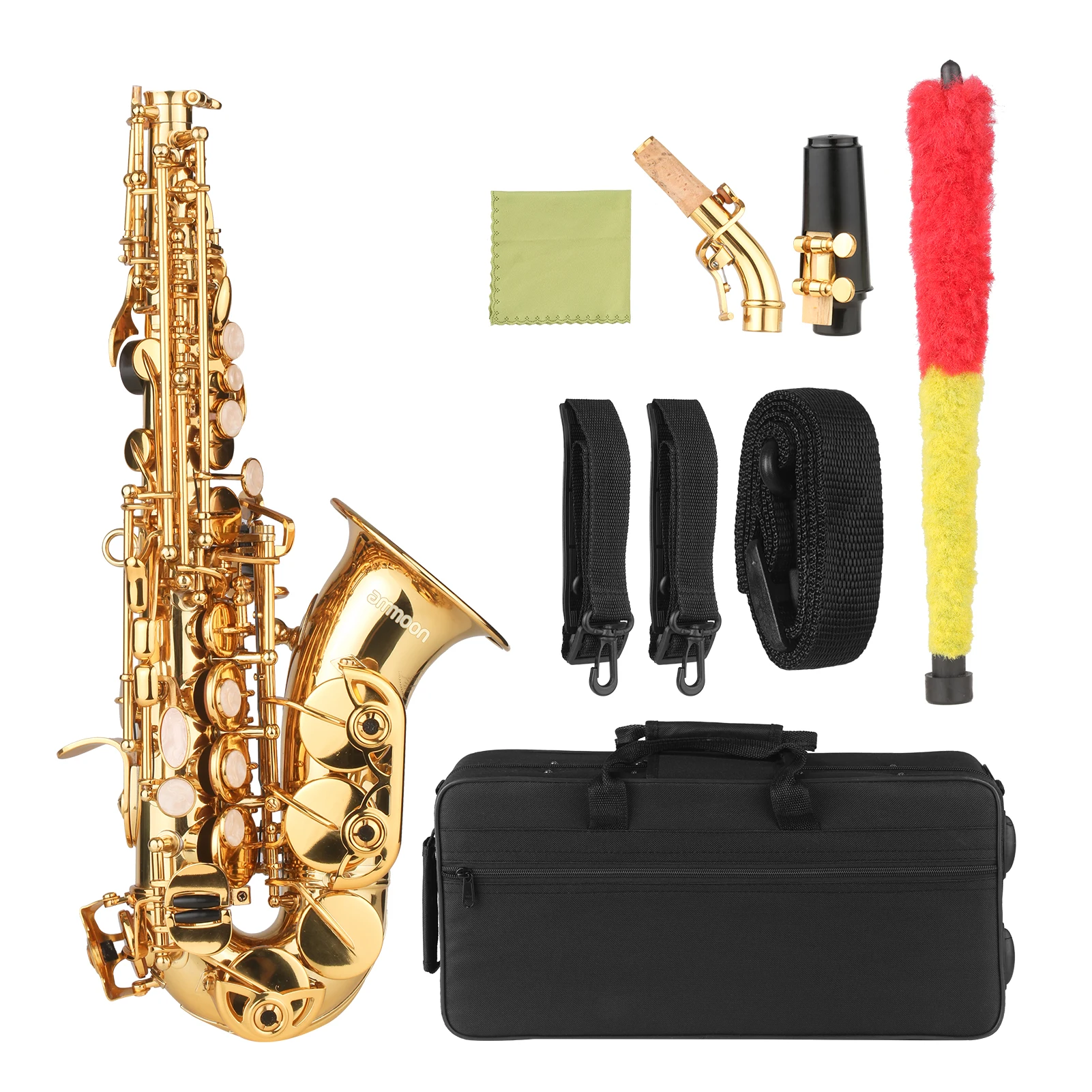 ammoon Bb Soprano Saxophone Gold Lacquer Brass Sax with Instrument Case Mouthpiece Neck Strap Cleaning Cloth Brush for Musicians