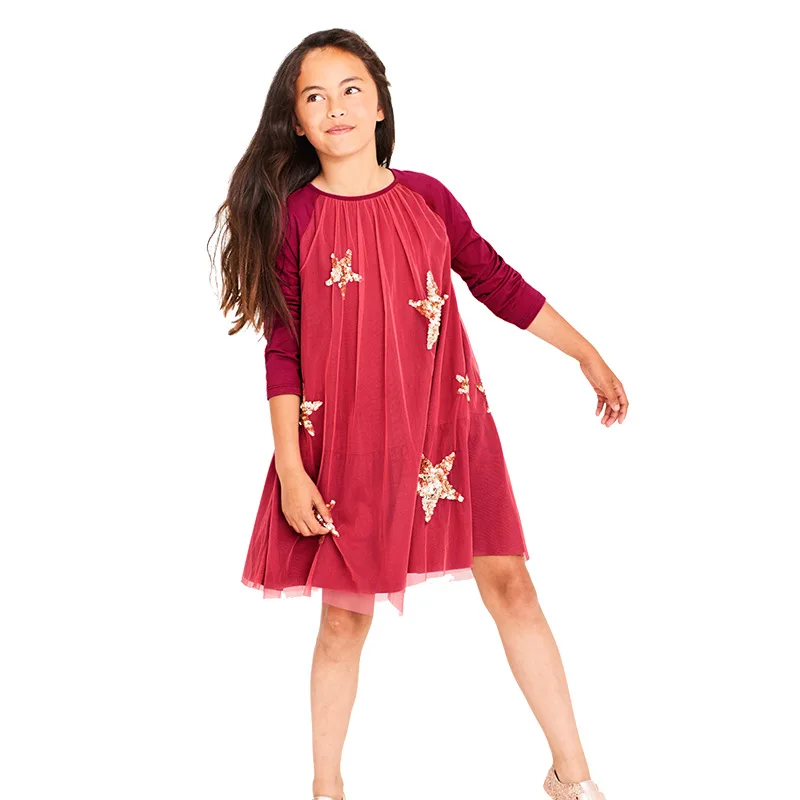 SAILEROAD Дети Paillettes Star Dress 2-7Years Девушка С Длинным Рукавом Бальные Платья для Детской Одежды Большие Девушки Блестки Платье