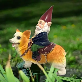 

Naughty Gnome Rides A Corgi Garden Gnome Statue Garden Decoration Resin Fairy Garden Gnomes Figurine Micro Landscape Ornaments