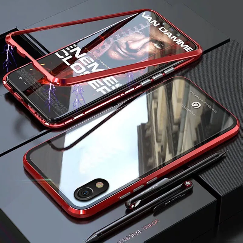 red YonLinTan Coque чехол для huawei Y5 Металлическая магнитная рамка Адсорбция закаленное стекло телефонные чехлы - Цвет: red
