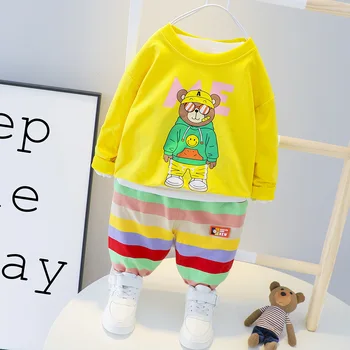 

Autumn Baby Boy Outfit Novelty Newborn Kids Long Sleeve Cartoon Bear Sweatshirt+Rainbow Pants Two Piece Set Cotton Toddler Suit