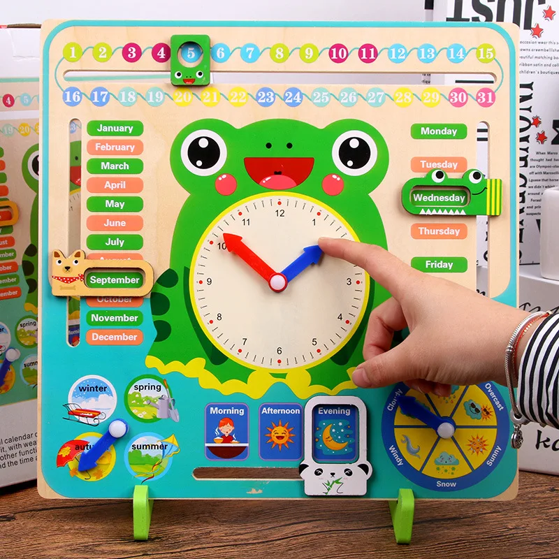 

Children Wooden Frog Multi-functional Early Childhood Educational Calendar Clock Alarm Clock Cognitive Baby Nursery Toy