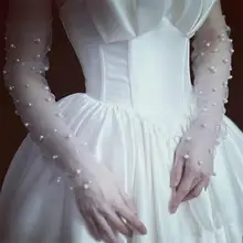 Пара простой искусственный жемчуг сетки перчатки сеткой свадебное платье элегантные тонкие перчатки невесты Свадебные аксессуары Фотография реквизит