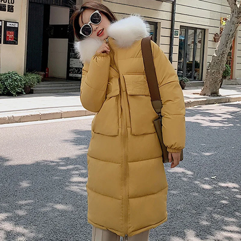 Женские Длинные парки, зимнее пальто-20 градусов, утолщенная теплая куртка с большим меховым воротником, пальто, повседневная женская зимняя верхняя одежда, парки m-xxl - Цвет: Цвет: желтый