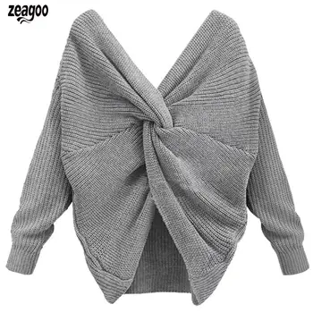 

New Women Casual V-neck Irregular Crossing Backless, Knotting Knitted Pullover Thicken, Pullover, Sweater