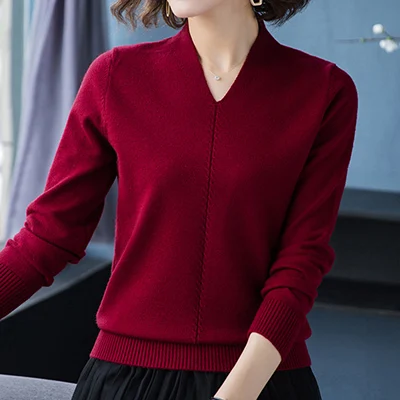 wine red Осенне-зимний свитер, вязаный Повседневный пуловер с v-образным вырезом, женская одежда с длинным рукавом, женский свитер, пуловер, джемпер Mujer - Цвет: wine red