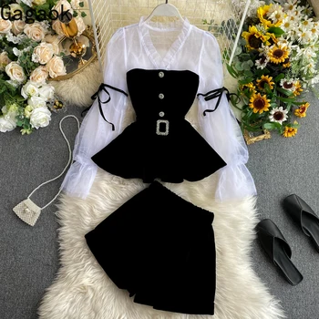 

Gagaok 2020 Office Lady 2 Piece Set Women Spring Autumn New V-Neck Puff Sleeve Button Sashes Slim Simple Wild Fashion Sets Tops