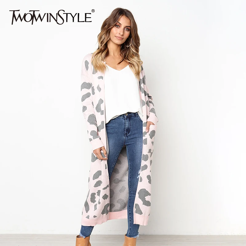 TWOTWINSTYLE Leopard Cardigan Sweater Female V Neck Long Sleeve Loose Knitting Sweaters For Women 2020 Autumn Fashion New |