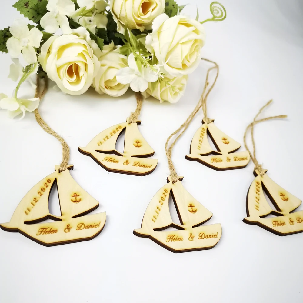 Personalized Engraved Wood Hanger Sailboat Wedding Centerpieces Table Decoration Favors Customized Candy Tags Name Date (2)