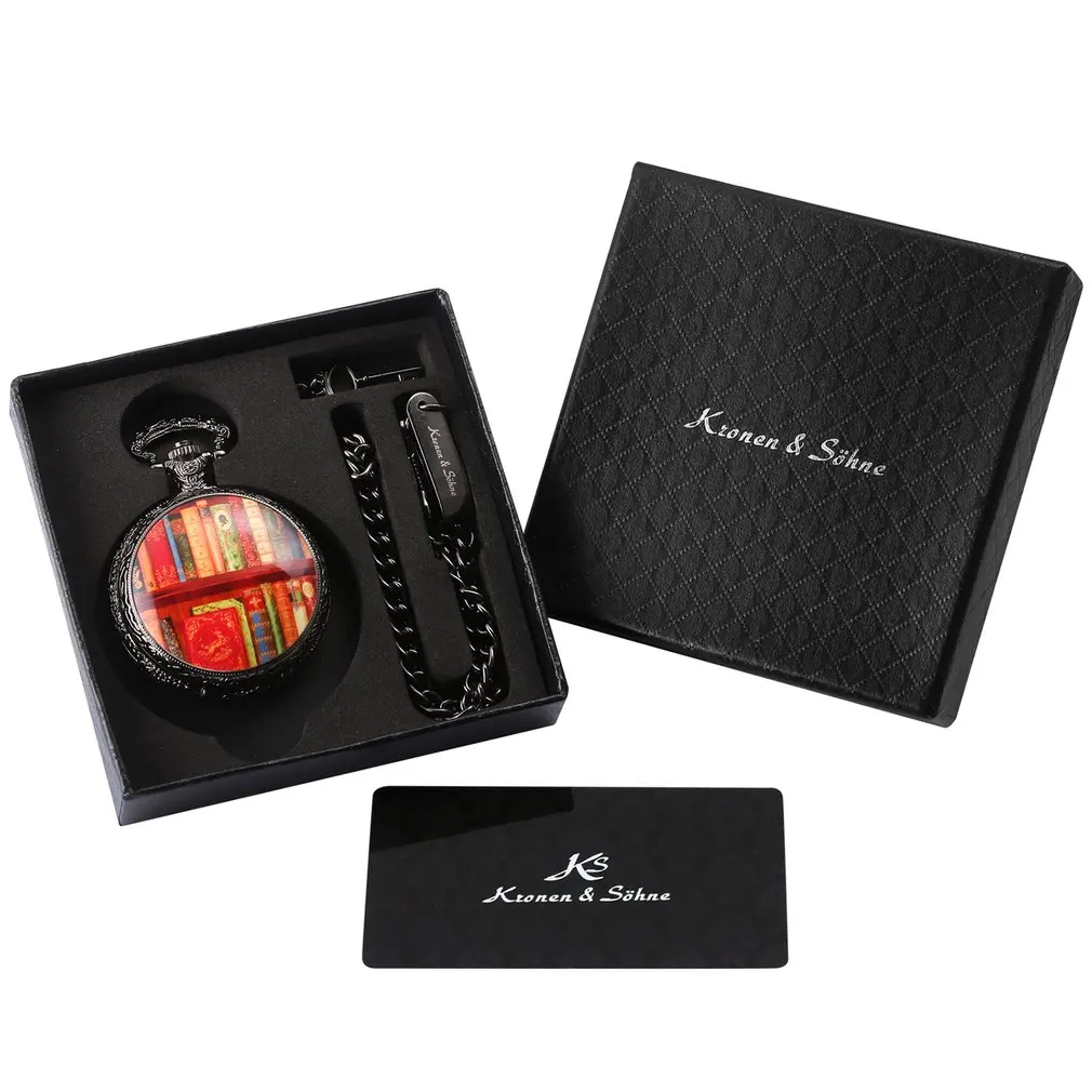 Retro KS Roman Number Analog Dial Silver Books Library Case Round Face Chains Quartz Clock Men 4