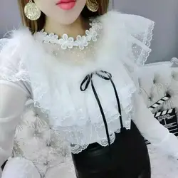 Blusa feminina transparente com babado, camiseta feminina renda manga comprida pêlo real de coelho 182b