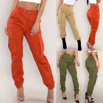 

Women's Pockets Trousers Safari Style Sports High Waist Loose Female Solid Cargo Long Pants Plus Size
