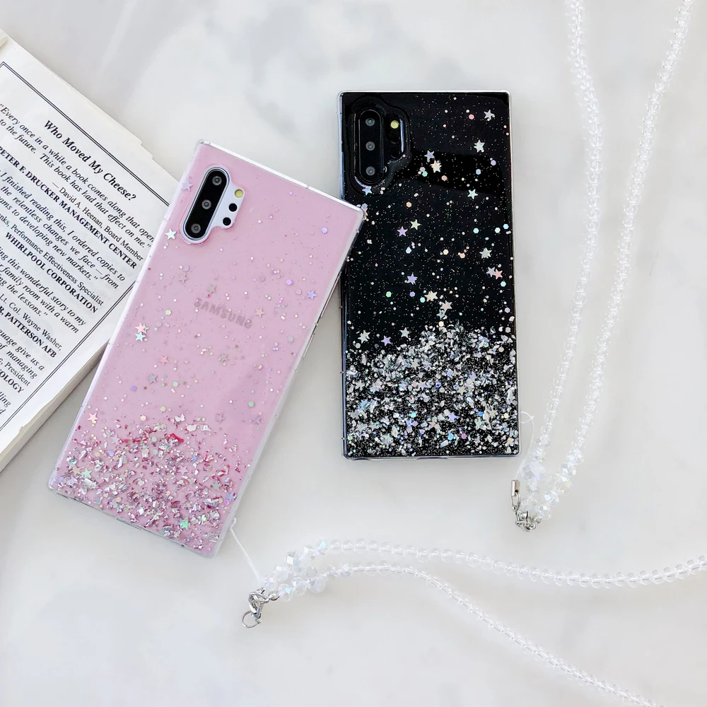 

Crystal Imitation Pearl Strap For Samsung S8 S9 S10 Glitter Sequins Clear Soft Cover Case For Samsung Galaxy Note10 Plus note9 8