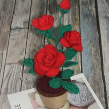 Вязание Wool Yarn Hand Knitted Pot Flower Artificial Flower Rose Valentine's Day Gift For Lovers Christmas Home Desk Decoration