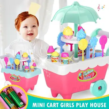 

Girls Pretend Play Game Toys Mini Rotary Light Music Candy Cart Ice Cream Trolley Toy Simulation Shop Home Necessary Fun Toys