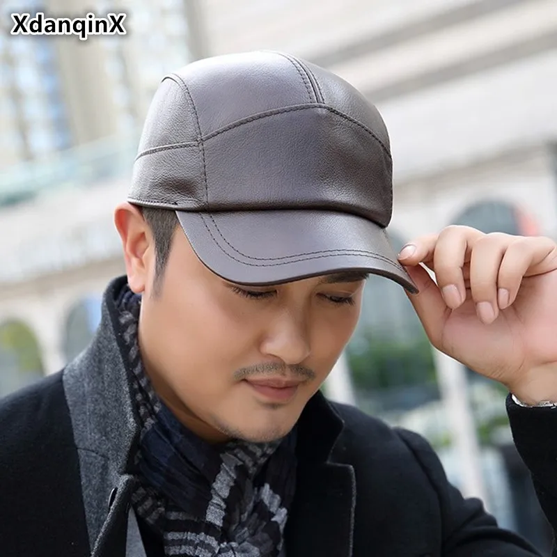 XdanqinX Men's Cowhide Leather Baseball Cap Genuine Leather Hats New Autumn Adjustable Size Men
