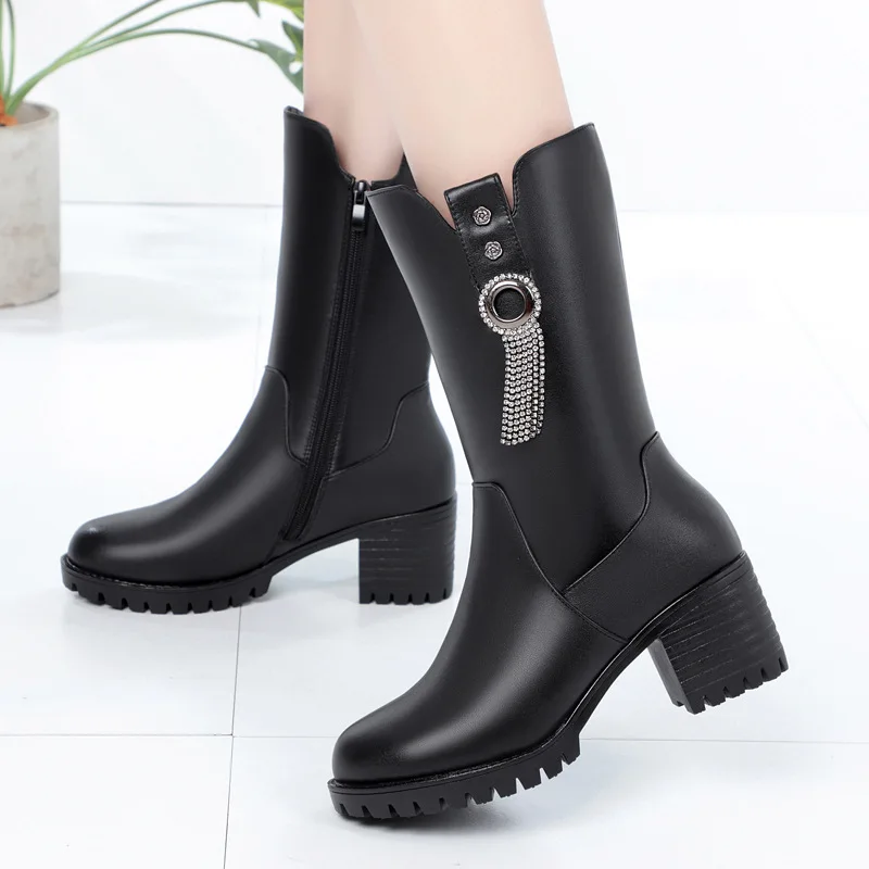 GKTINOO Genuine Leather Women Long Boots High Heels Fashion Platform Tassel Boots Female Natural Wool Winter Boots Women Shoes